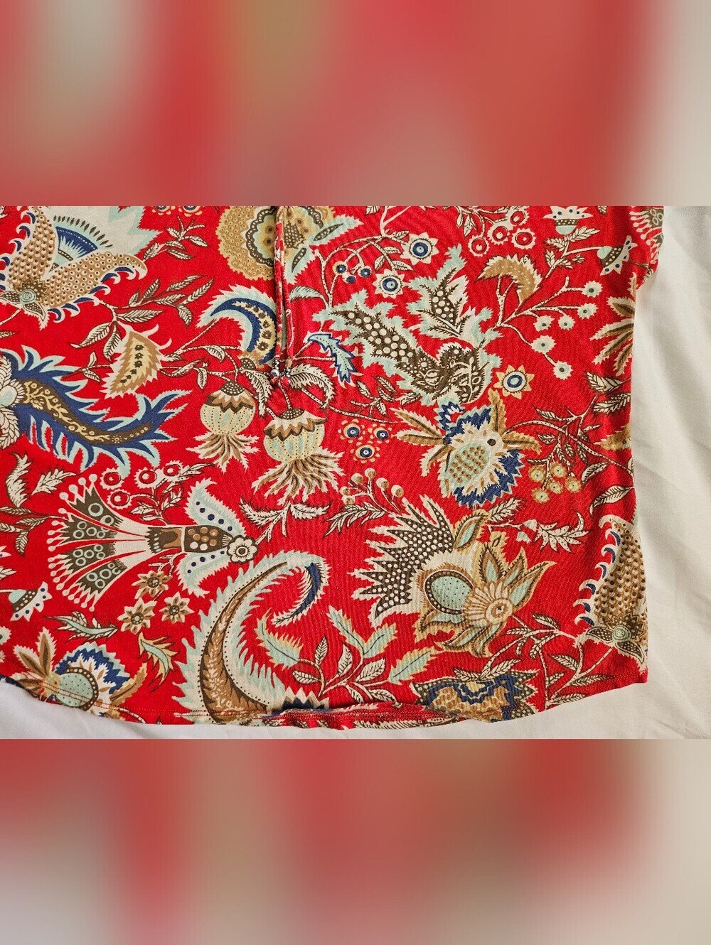 Chaps Denim Womens Red Paisley And Floral Short Sleeve Boxy Fit Top Size XL - Picture 2 of 15